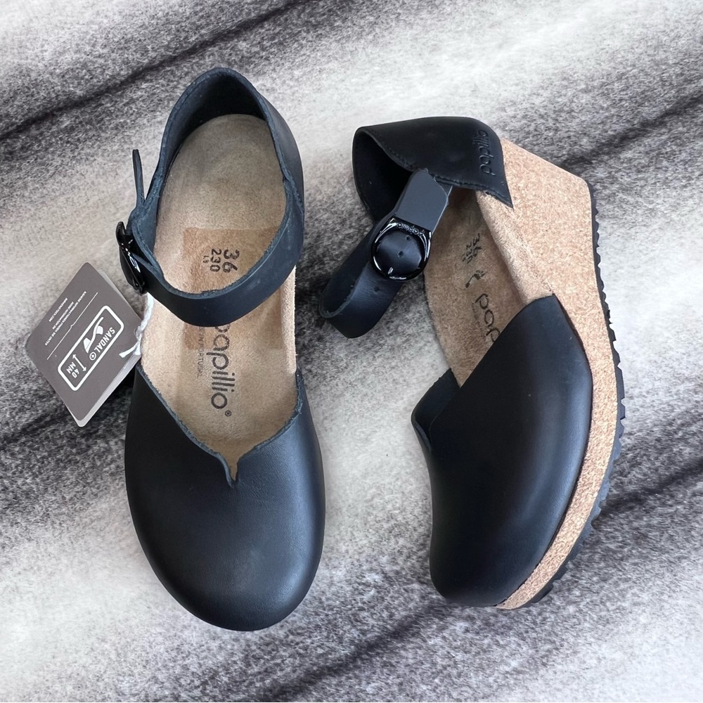 Birkenstock Mary by Papillio Black Leather Wedges